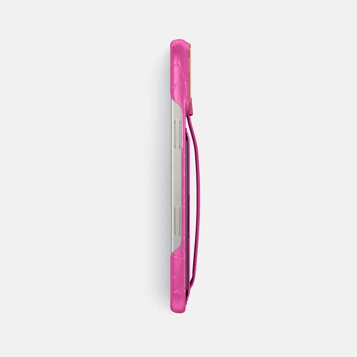 Fuchsia iPhone 16 Pro Max Cardholder Strap Case In Alligator with Gold Metal -3 | Fuchsia-Gold