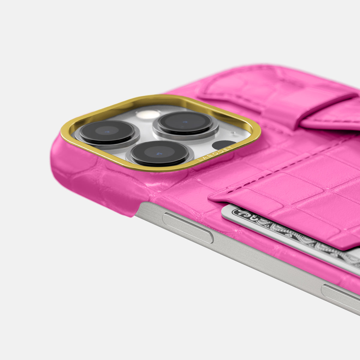 Fuchsia iPhone 16 Pro Max Cardholder Strap Case In Alligator with Gold Metal -5 | Fuchsia-Gold