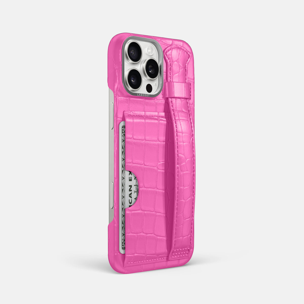 Fuchsia iPhone 16 Pro Max Cardholder Strap Case Alligator with Steel Metal -2 | Fuchsia-Steel
