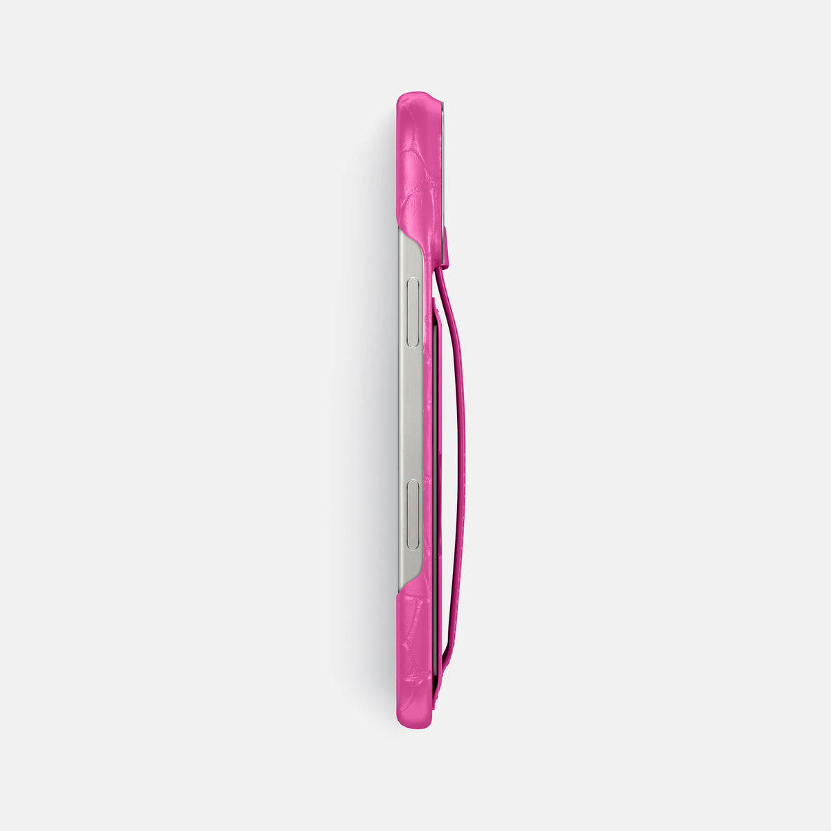 Fuchsia iPhone 16 Pro Max Cardholder Strap Case Alligator with Steel Metal -3 | Fuchsia-Steel