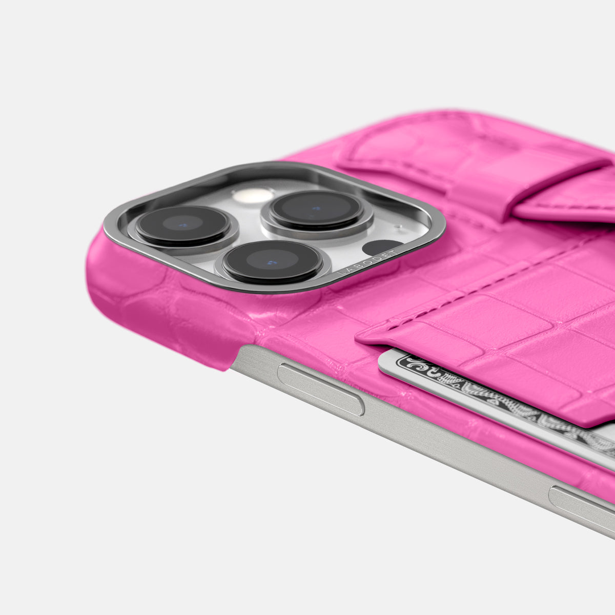 Fuchsia iPhone 16 Pro Max Cardholder Strap Case Alligator with Steel Metal -5 | Fuchsia-Steel