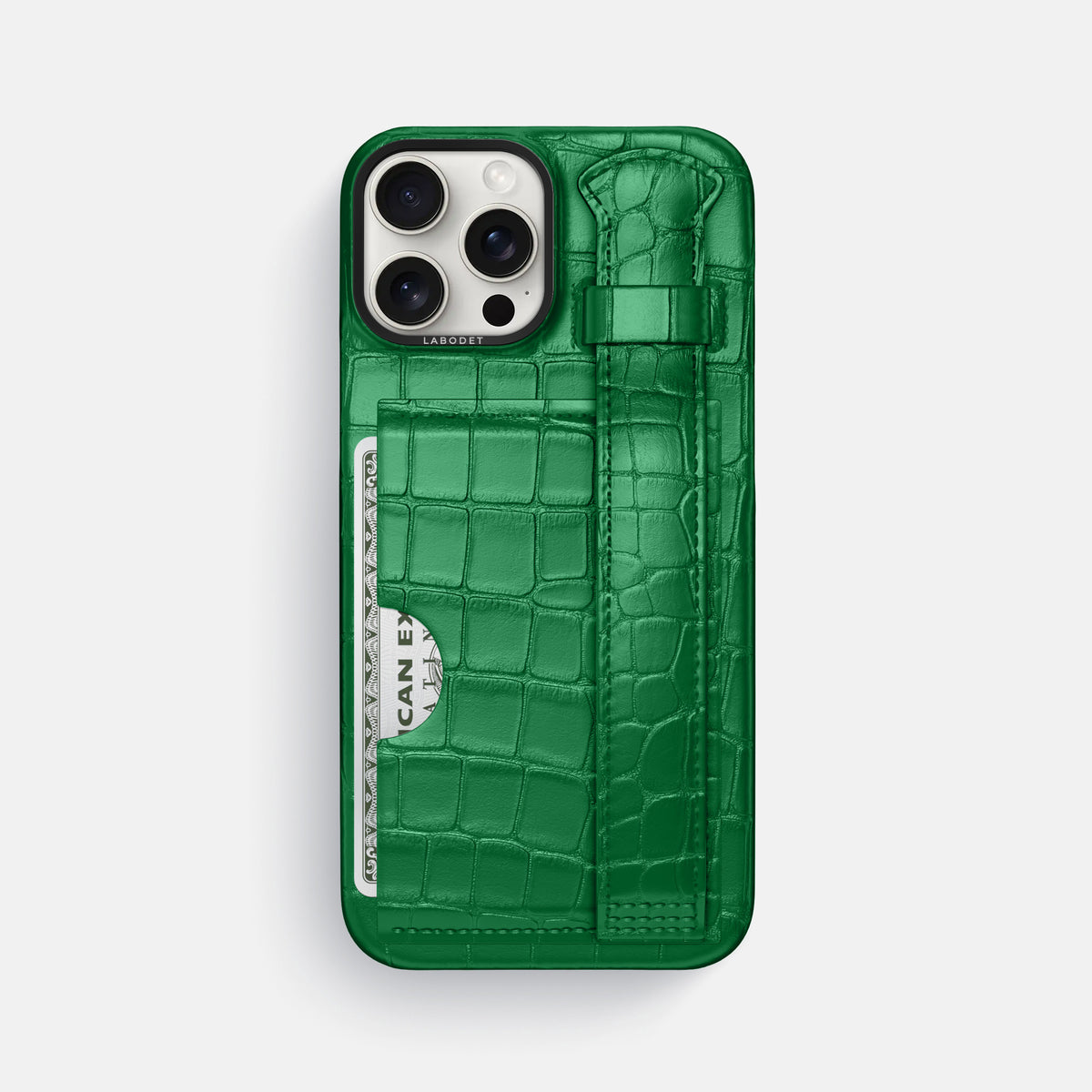 Forest-Green iPhone 16 Pro Max Cardholder Strap Case In Alligator with Black Metal -1 | Forest-Green-Black