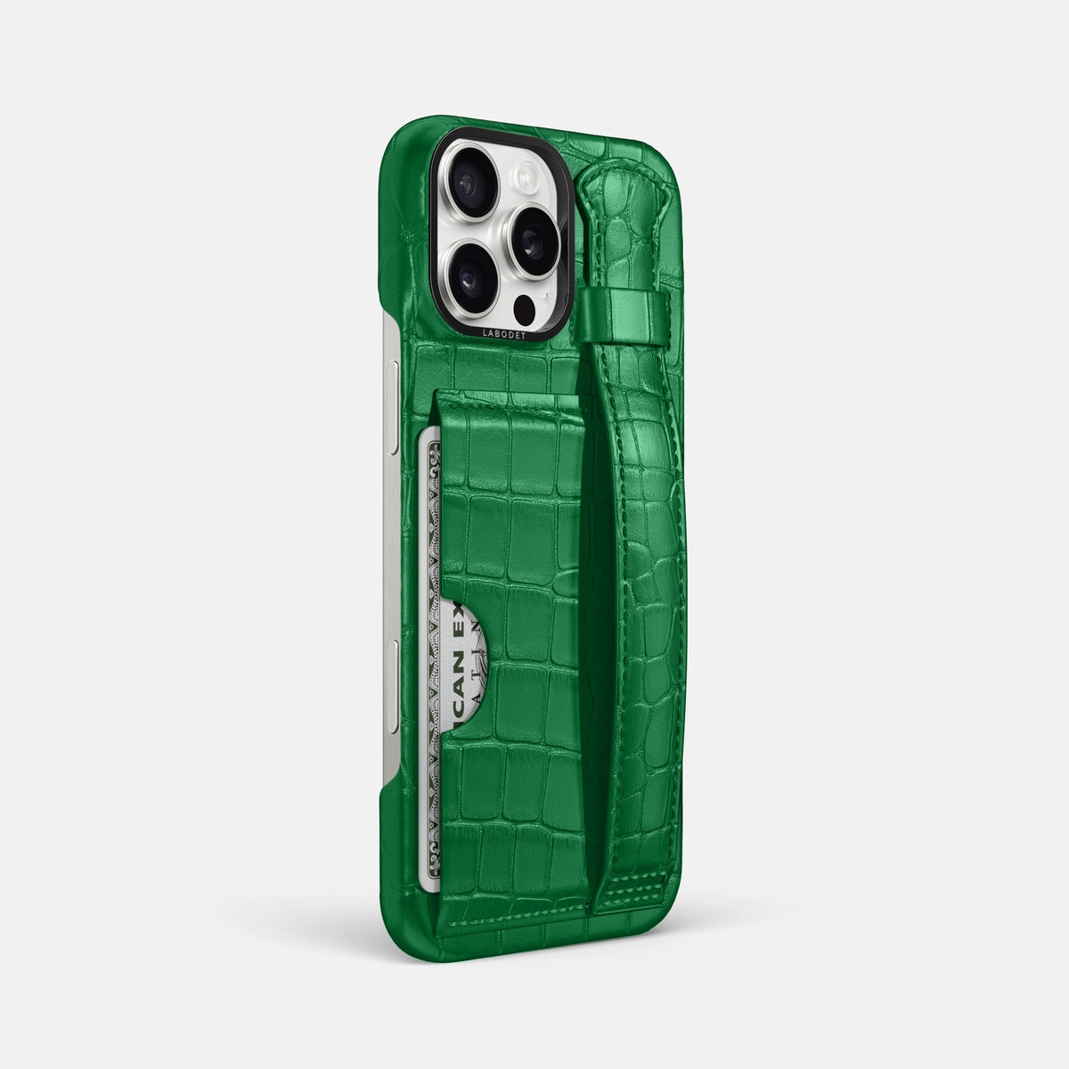 Forest-Green iPhone 16 Pro Max Cardholder Strap Case In Alligator with Black Metal -2 | Forest-Green-Black