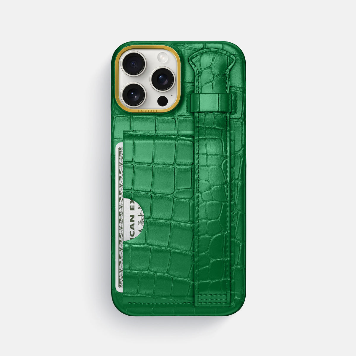 Forest-Green iPhone 16 Pro Max Cardholder Strap Case In Alligator with Gold Metal -1 | Forest-Green-Gold