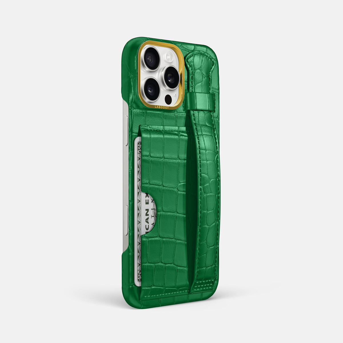 Forest-Green iPhone 16 Pro Max Cardholder Strap Case In Alligator with Gold Metal -2 | Forest-Green-Gold
