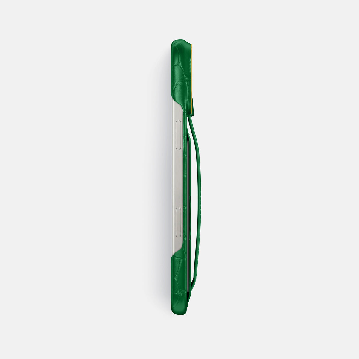 Forest-Green iPhone 16 Pro Max Cardholder Strap Case In Alligator with Gold Metal -3 | Forest-Green-Gold