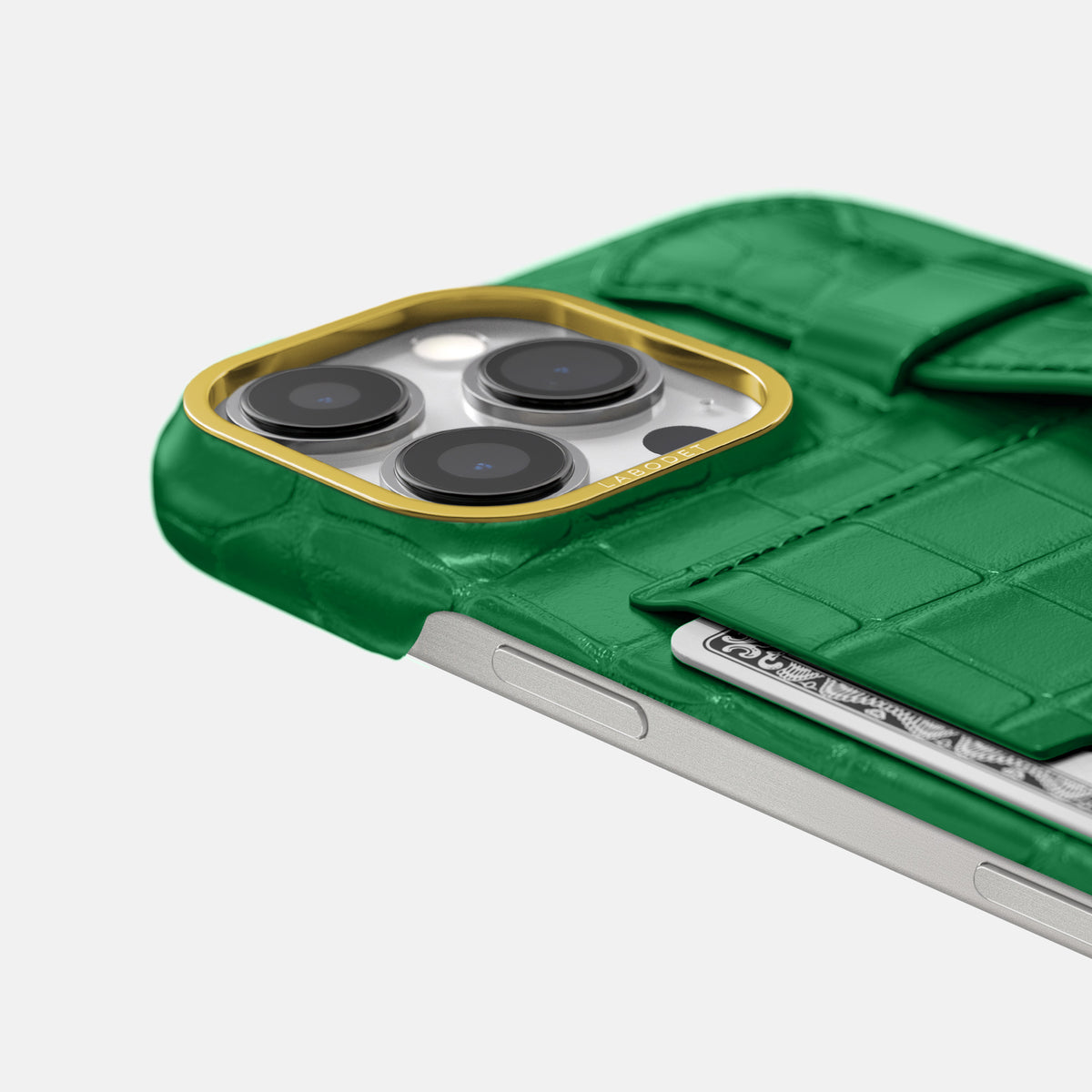 Forest-Green iPhone 16 Pro Max Cardholder Strap Case In Alligator with Gold Metal -5 | Forest-Green-Gold