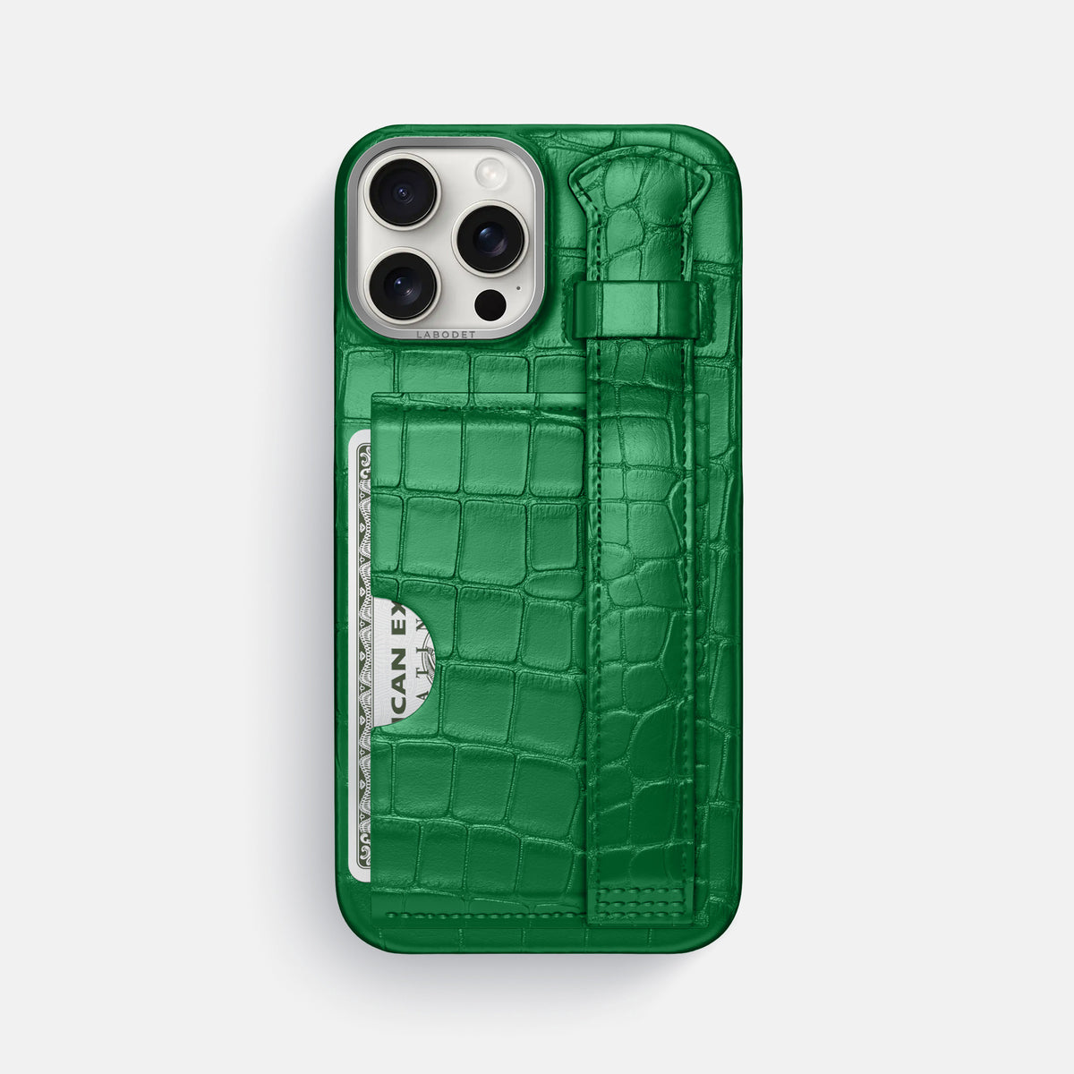 Forest-Green iPhone 16 Pro Max Cardholder Strap Case In Alligator with Steel Metal -1 | Forest-Green-Steel