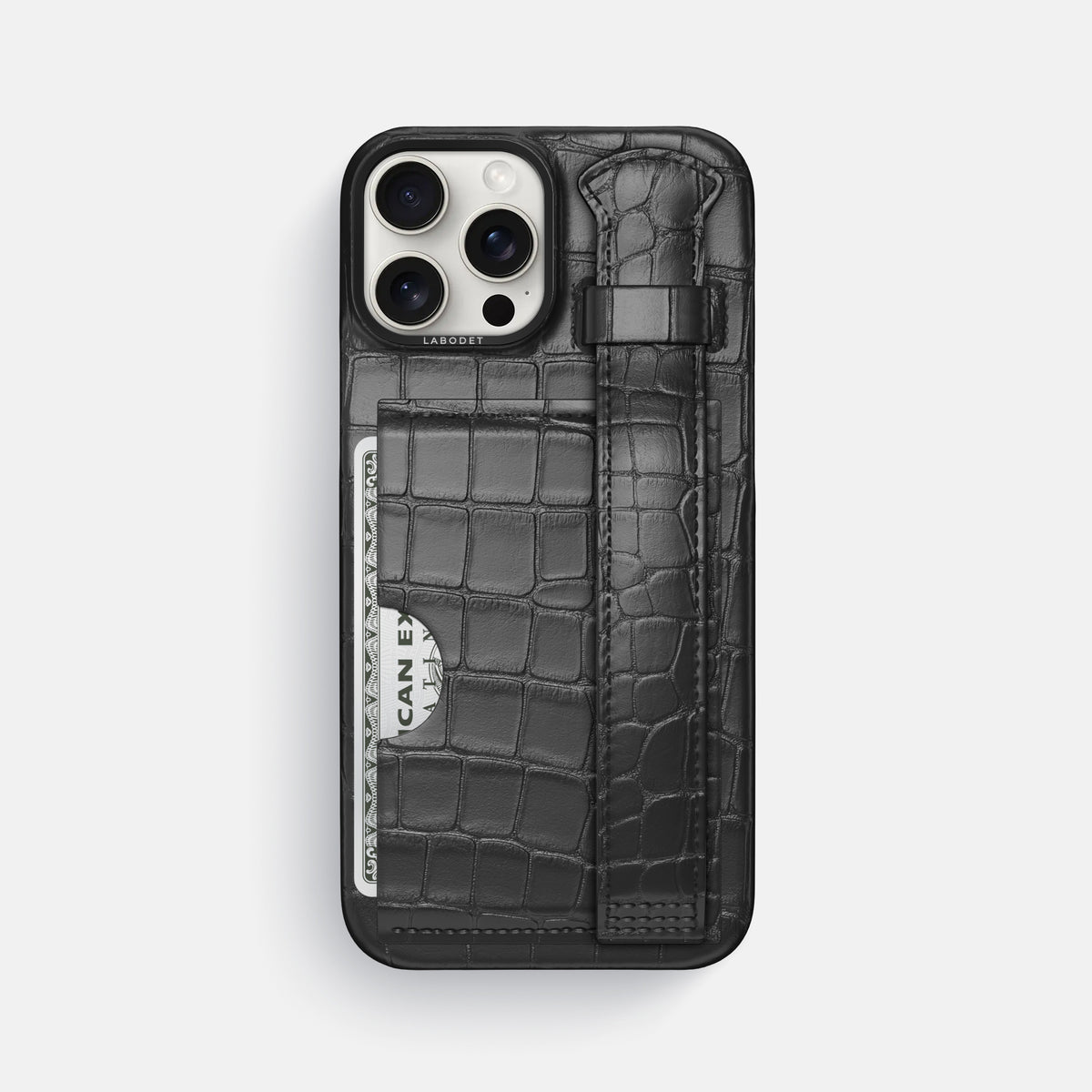 Grey iPhone 16 Pro Max Cardholder Strap Case Alligator with Black Metal -1 | Grey-Black