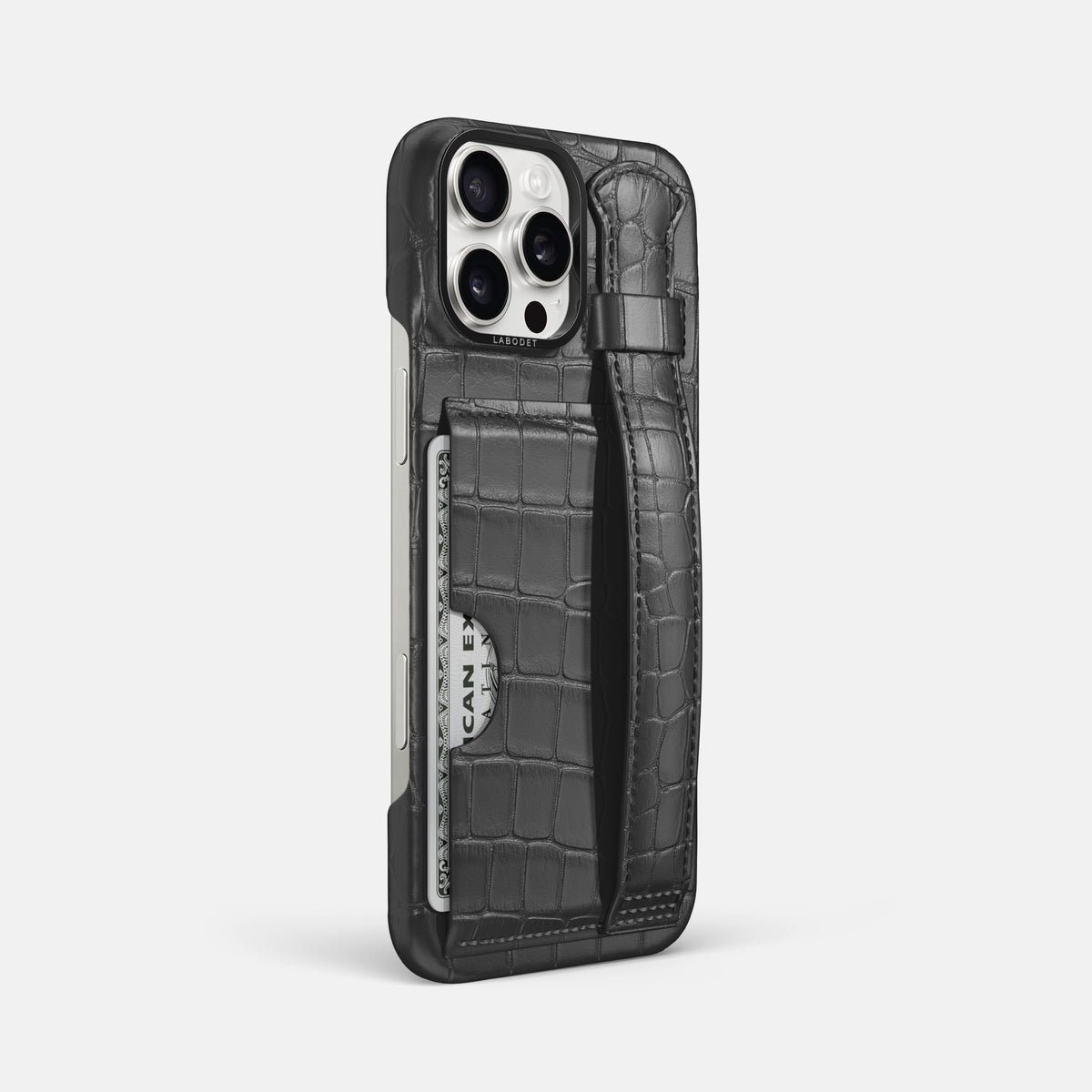 Grey iPhone 16 Pro Max Cardholder Strap Case Alligator with Black Metal -2 | Grey-Black