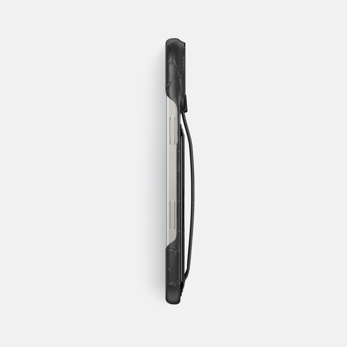 Grey iPhone 16 Pro Max Cardholder Strap Case Alligator with Black Metal -3 | Grey-Black