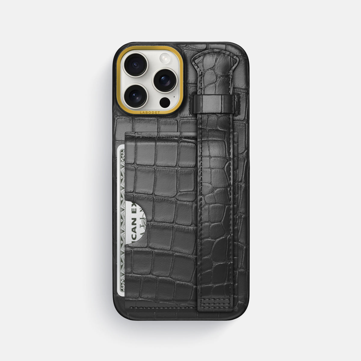 Grey iPhone 16 Pro Max Cardholder Strap Case In Alligator with Gold Metal -1 | Grey-Gold