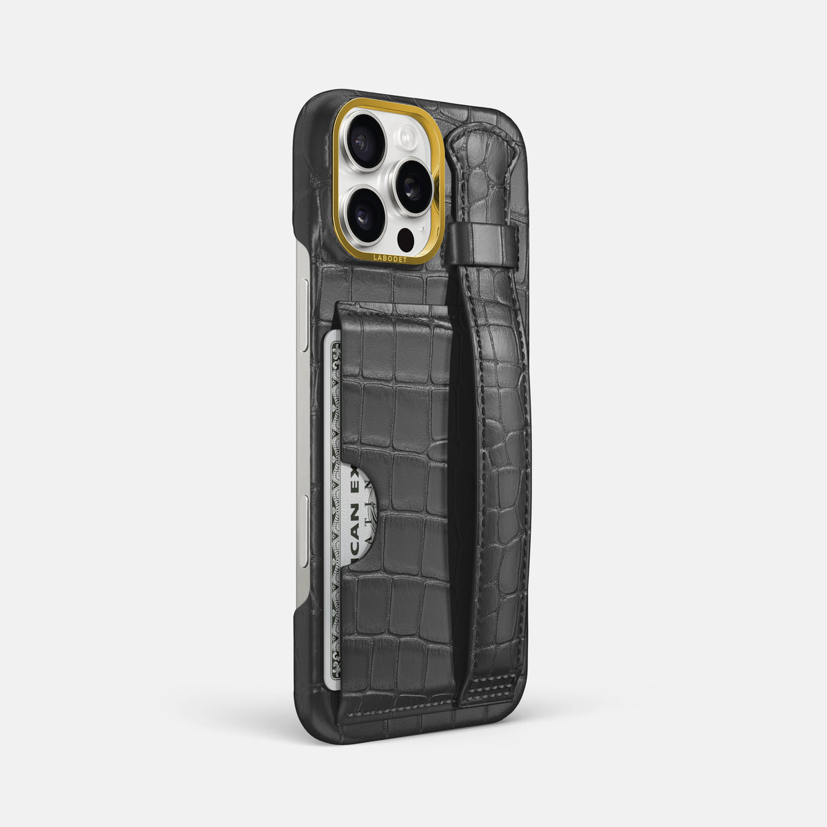 Grey iPhone 16 Pro Max Cardholder Strap Case In Alligator with Gold Metal -2 | Grey-Gold