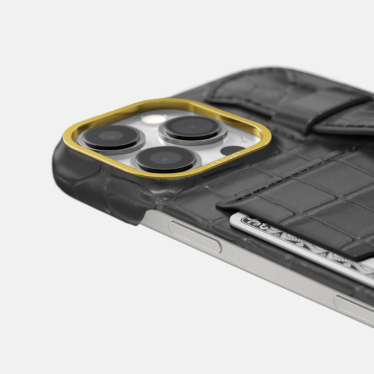 Grey iPhone 16 Pro Max Cardholder Strap Case In Alligator with Gold Metal -5 | Grey-Gold