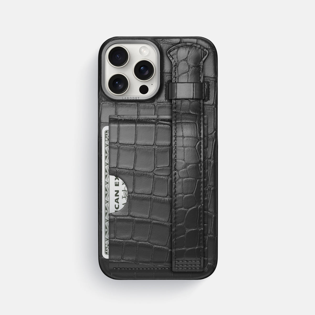 Grey iPhone 16 Pro Max Cardholder Strap Case Alligator with Steel Metal -1 | Grey-Steel