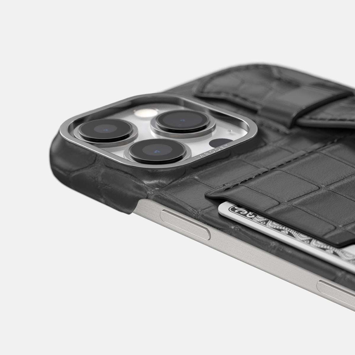 Grey iPhone 16 Pro Max Cardholder Strap Case Alligator with Steel Metal -5 | Grey-Steel