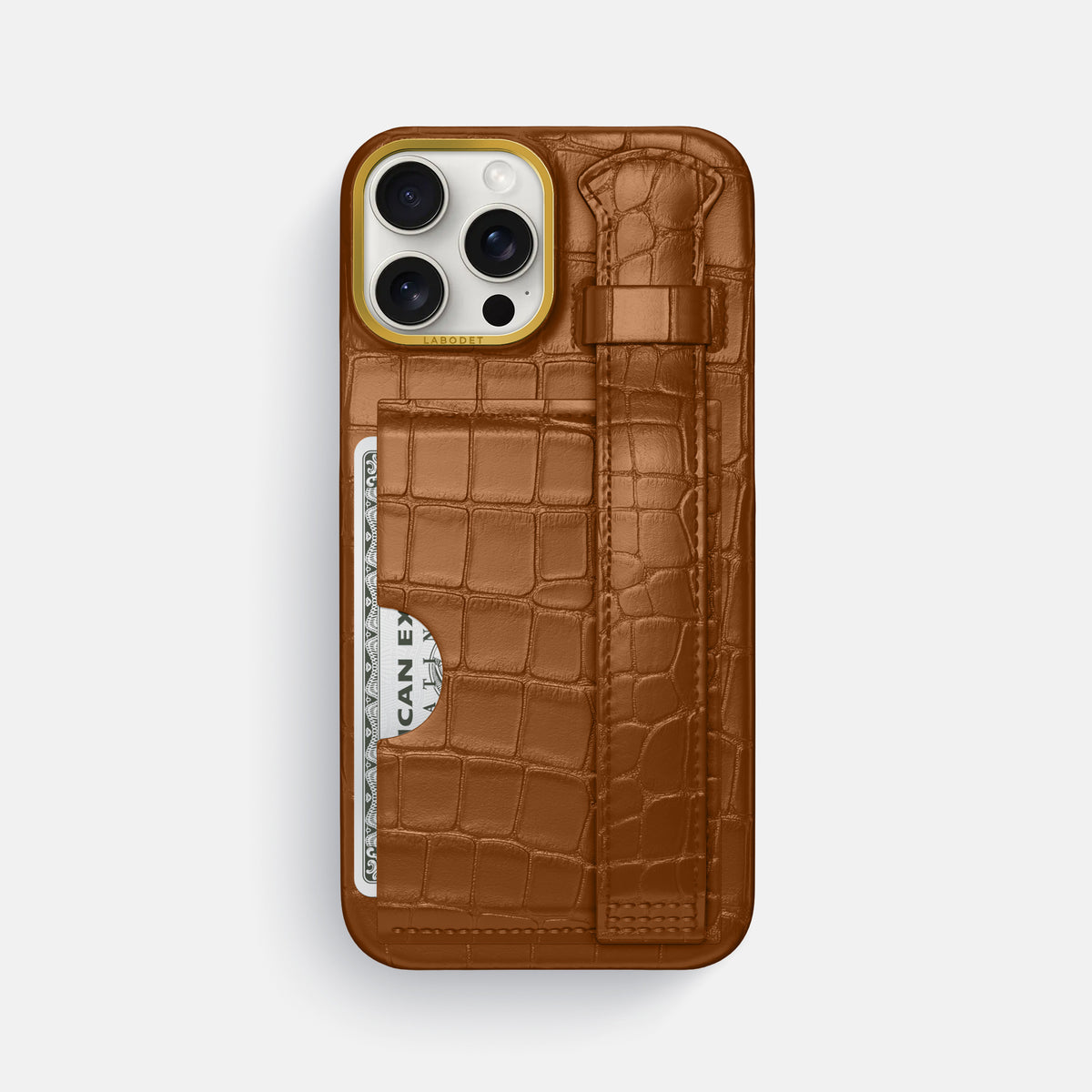 Honey iPhone 16 Pro Max Cardholder Strap Case In Alligator with Gold Metal -1 | Honey-Gold
