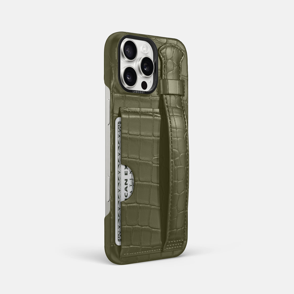Kaki-Green iPhone 16 Pro Max Cardholder Strap Case Alligator with Black Metal -2 | Kaki-Green-Black