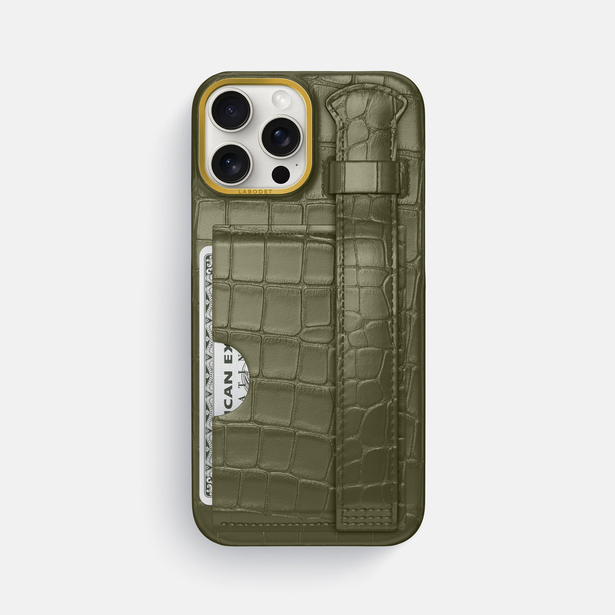 Kaki-Green iPhone 16 Pro Max Cardholder Strap Case In Alligator with Gold Metal -1 | Kaki-Green-Gold