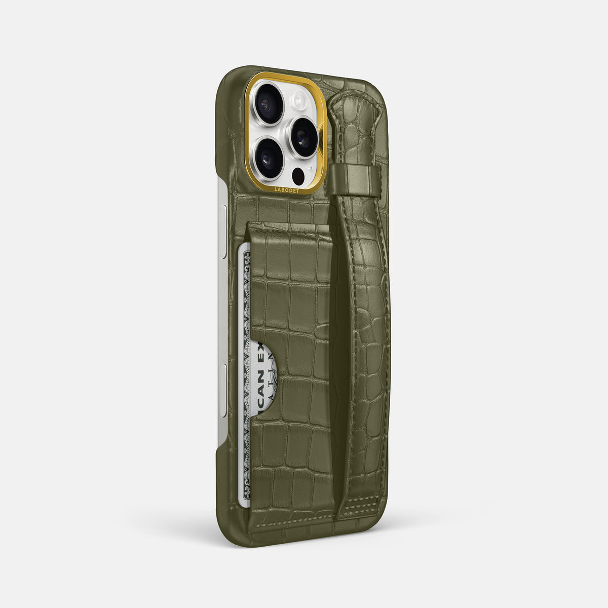 Kaki-Green iPhone 16 Pro Max Cardholder Strap Case In Alligator with Gold Metal -2 | Kaki-Green-Gold