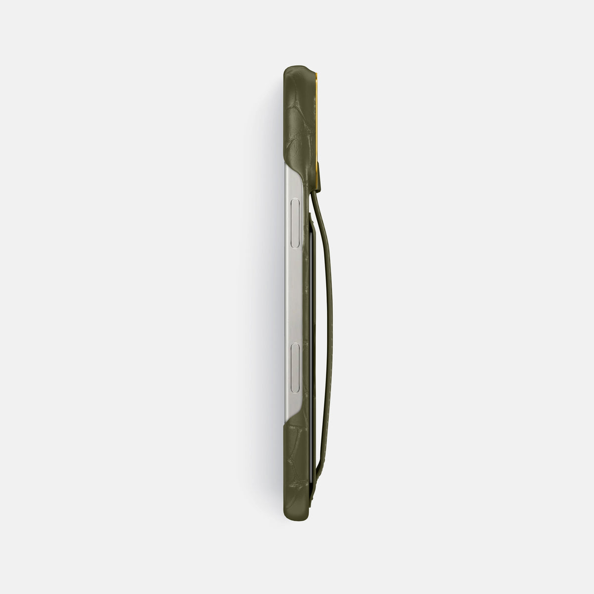 Kaki-Green iPhone 16 Pro Max Cardholder Strap Case In Alligator with Gold Metal -3 | Kaki-Green-Gold