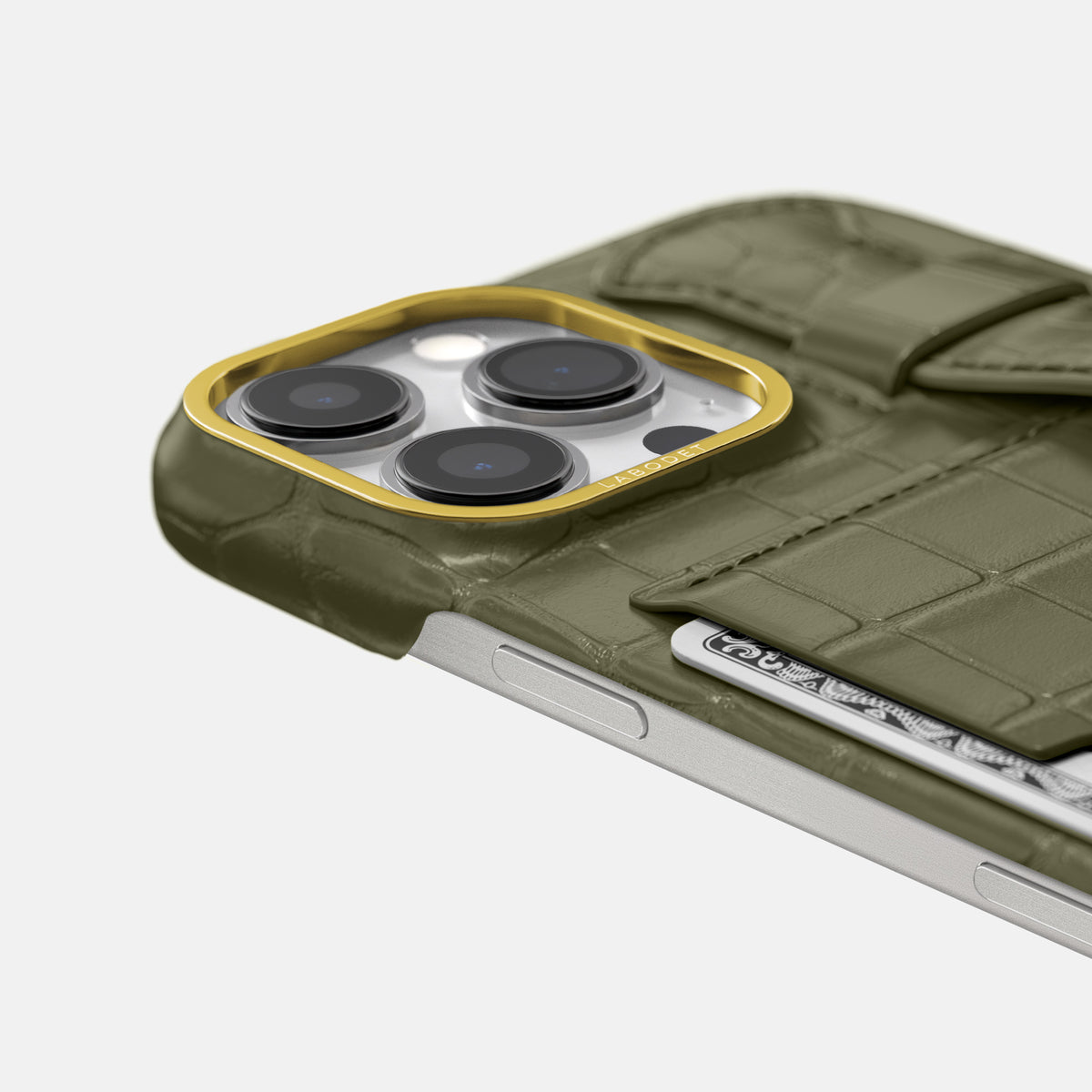 Kaki-Green iPhone 16 Pro Max Cardholder Strap Case In Alligator with Gold Metal -5 | Kaki-Green-Gold