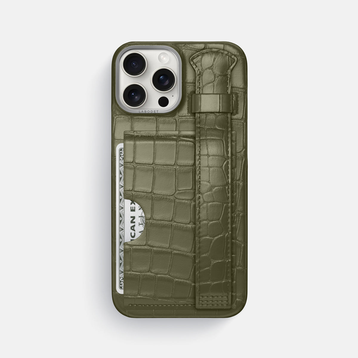 Kaki-Green iPhone 16 Pro Max Cardholder Strap Case Alligator with Steel Metal -1 | Kaki-Green-Steel