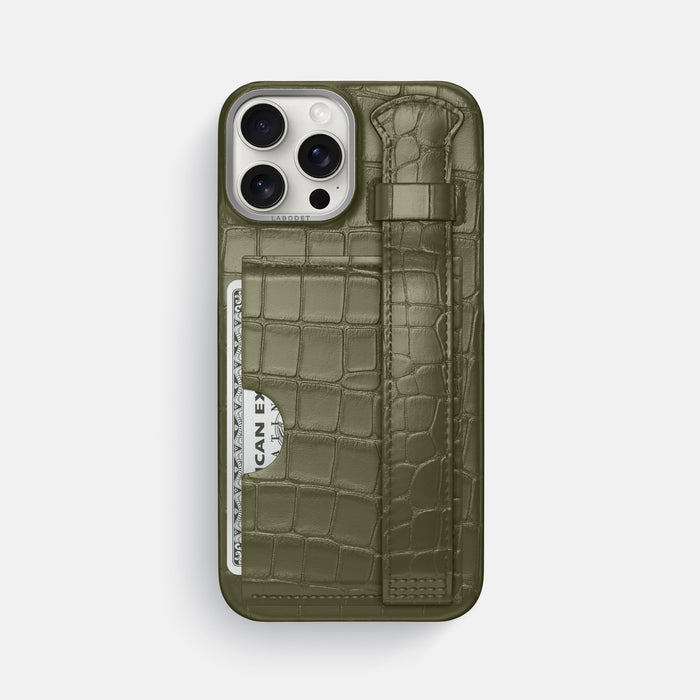 Kaki-Green iPhone 16 Pro Max Cardholder Strap Case Alligator with Steel Metal -1 | Kaki-Green-Steel