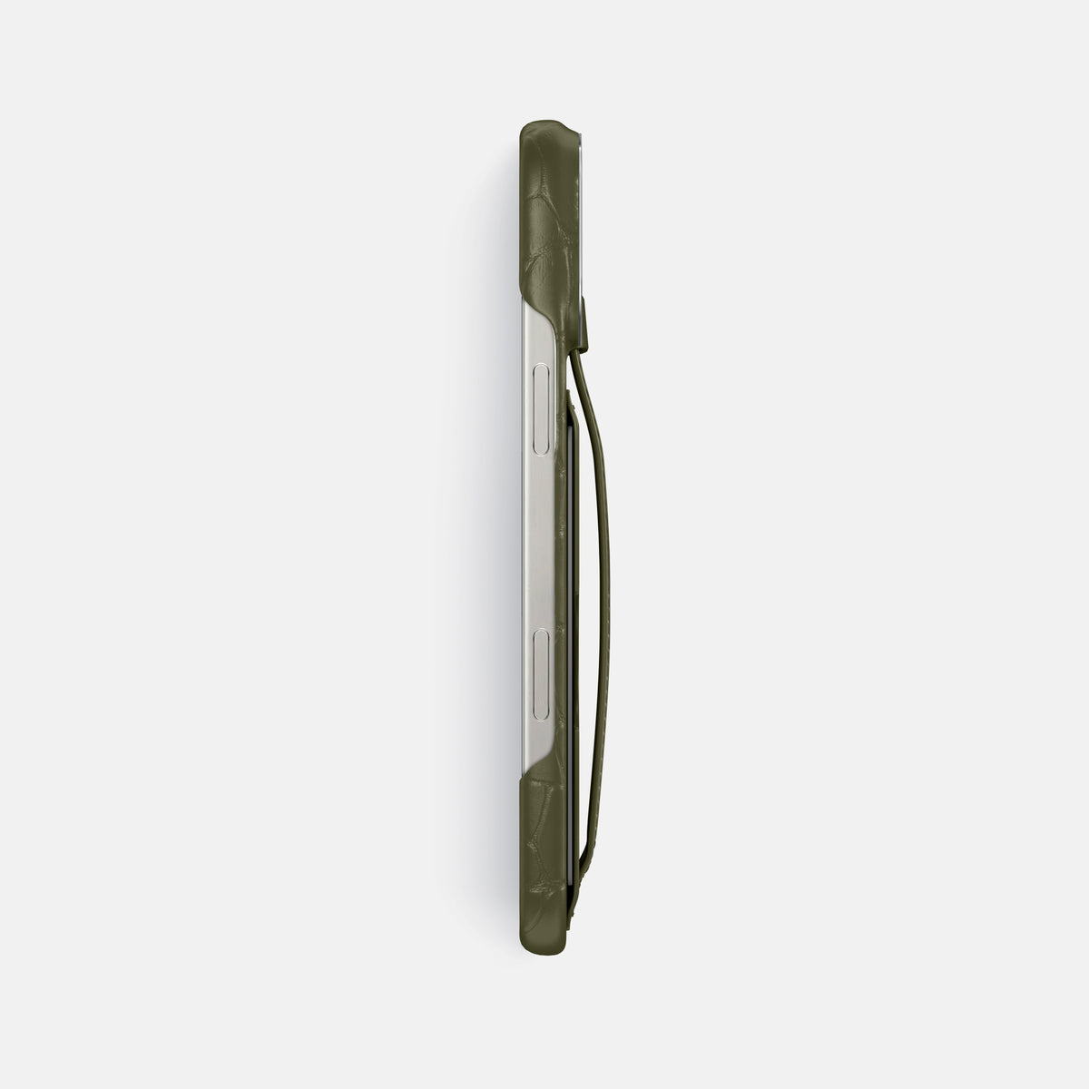 Kaki-Green iPhone 16 Pro Max Cardholder Strap Case Alligator with Steel Metal -3 | Kaki-Green-Steel