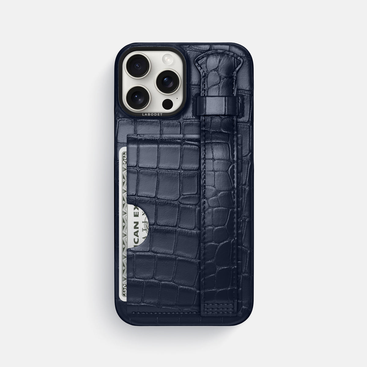 Navy Blue iPhone 16 Pro Max Cardholder Strap Case Alligator with Black Metal -1 | Navy-Blue-Black
