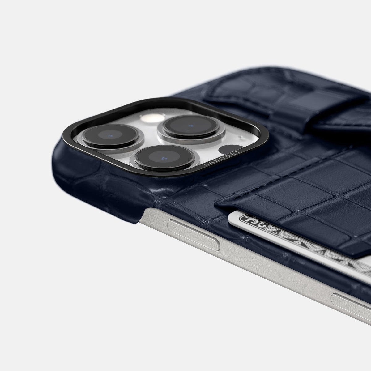 Navy Blue iPhone 16 Pro Max Cardholder Strap Case Alligator with Black Metal -5 | Navy-Blue-Black