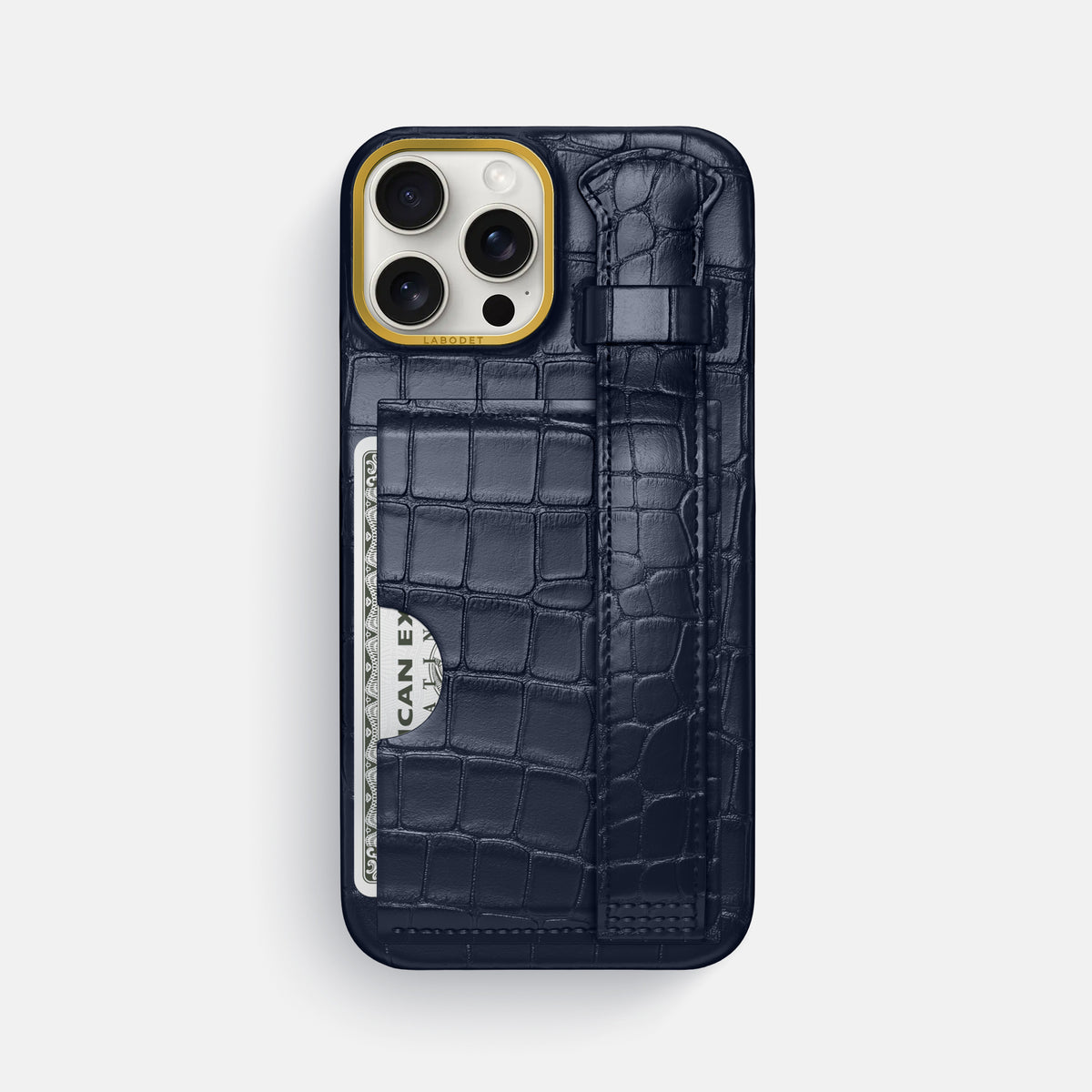 Navy Blue iPhone 16 Pro Max Cardholder Strap Case In Alligator with Gold Metal -1 | Navy-Blue-Gold