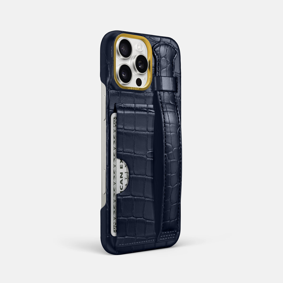 Navy Blue iPhone 16 Pro Max Cardholder Strap Case In Alligator with Gold Metal -2 | Navy-Blue-Gold