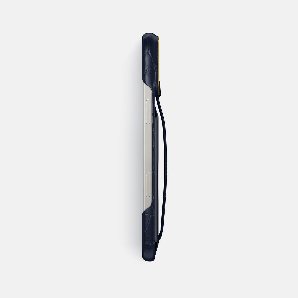Navy Blue iPhone 16 Pro Max Cardholder Strap Case In Alligator with Gold Metal -3 | Navy-Blue-Gold