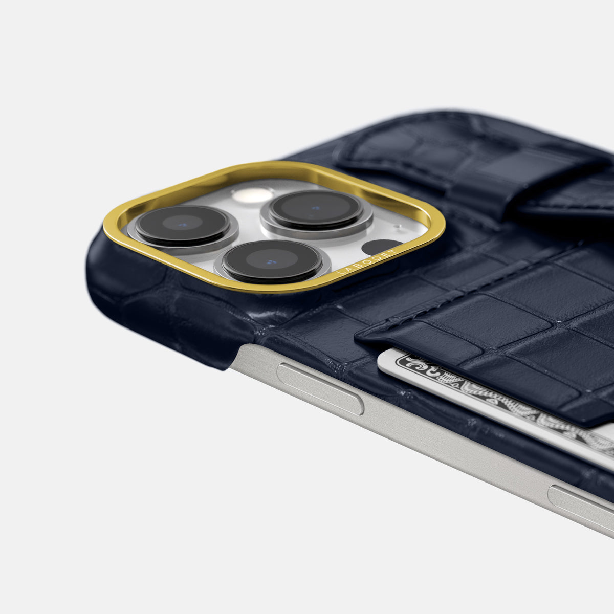 Navy Blue iPhone 16 Pro Max Cardholder Strap Case In Alligator with Gold Metal -5 | Navy-Blue-Gold
