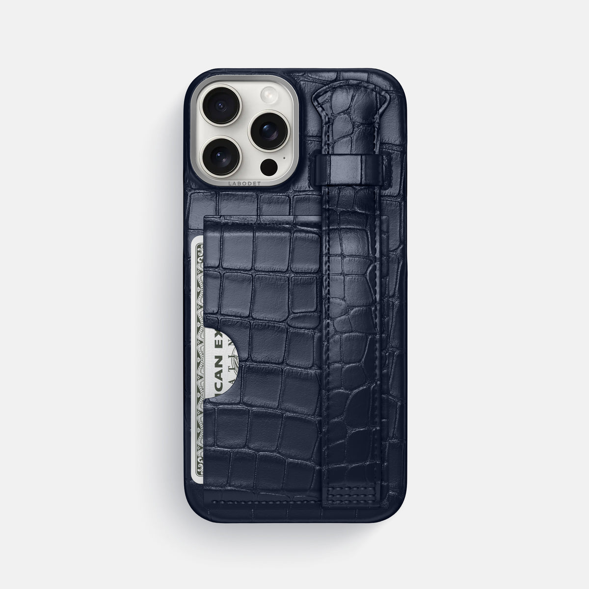 Navy Blue iPhone 16 Pro Max Cardholder Strap Case Alligator with Steel Metal -1 | Navy-Blue-Steel
