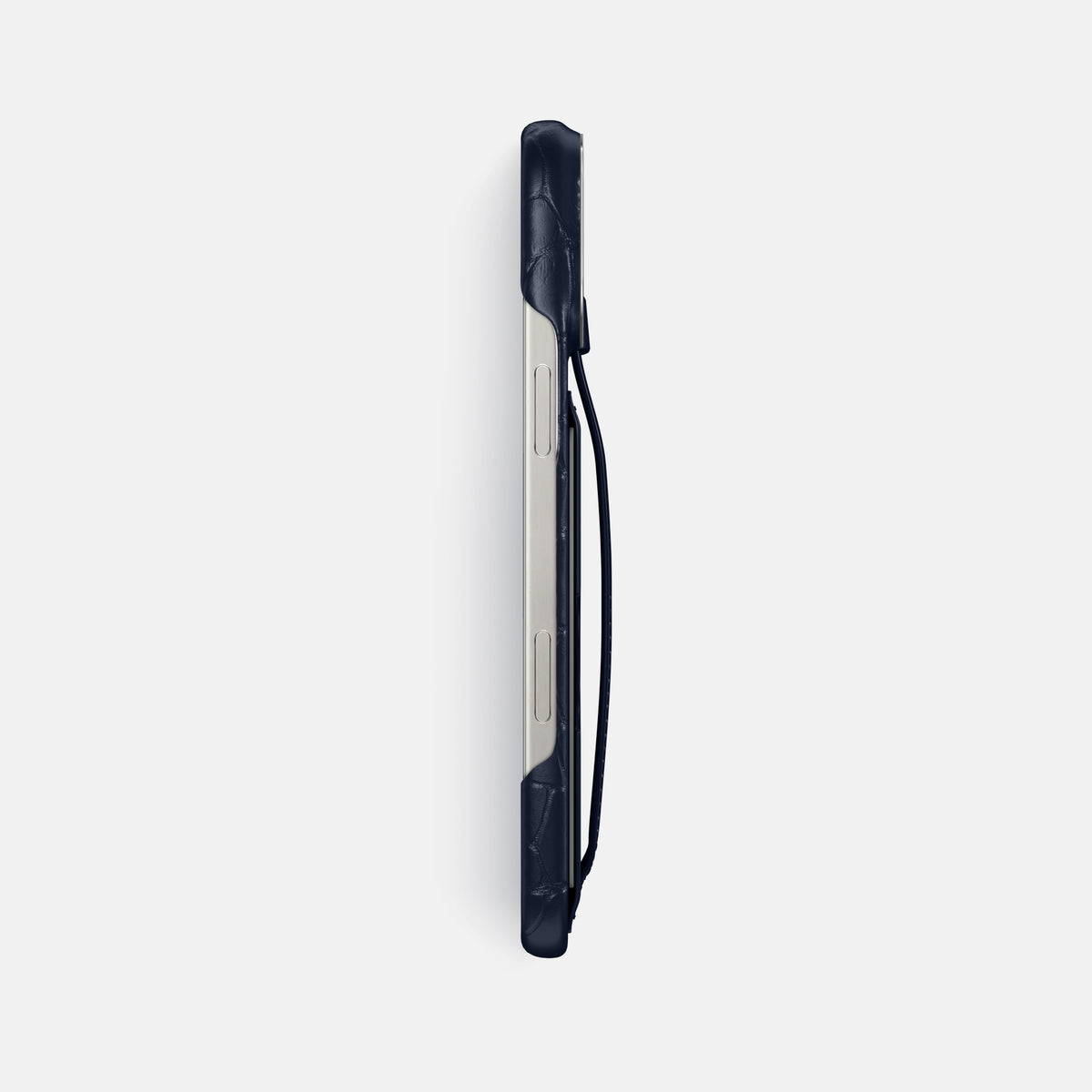 Navy Blue iPhone 16 Pro Max Cardholder Strap Case Alligator with Steel Metal -3 | Navy-Blue-Steel