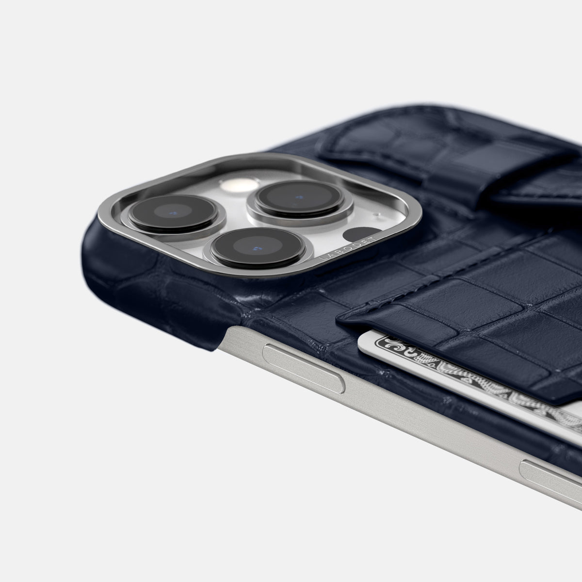 Navy Blue iPhone 16 Pro Max Cardholder Strap Case Alligator with Steel Metal -5 | Navy-Blue-Steel