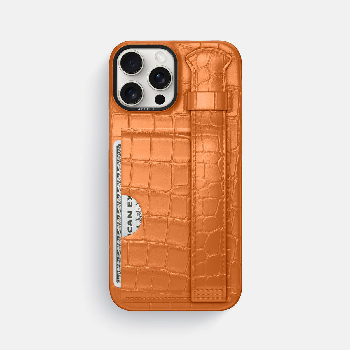 Orange iPhone 16 Pro Max Cardholder Strap Case Alligator with Black Metal -1 | Orange-Black