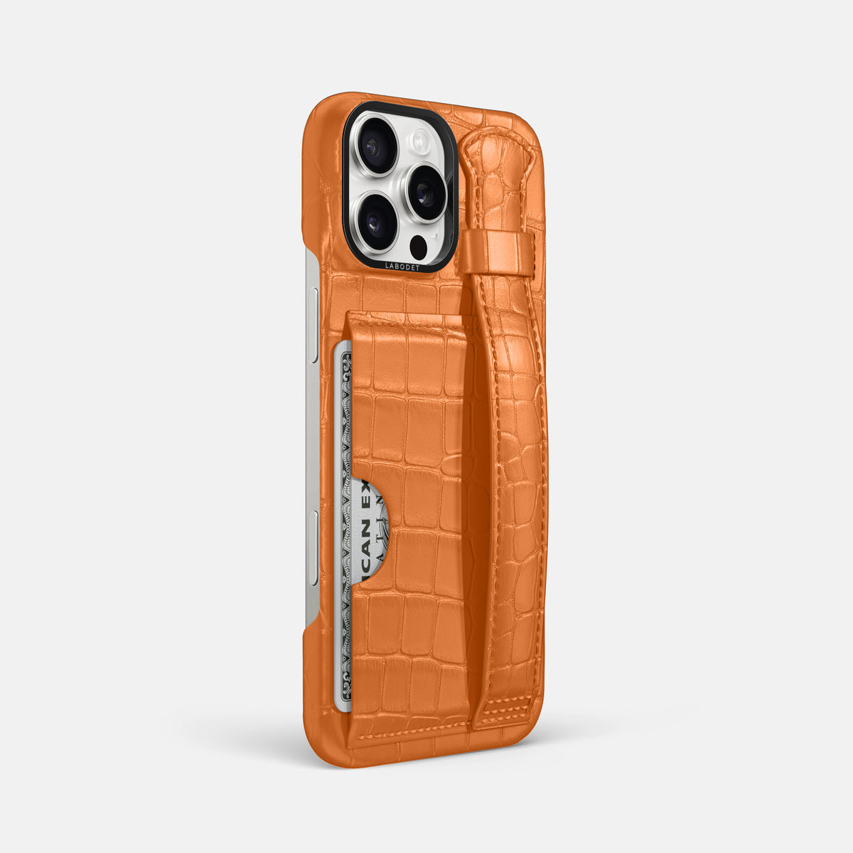 Orange iPhone 16 Pro Max Cardholder Strap Case Alligator with Black Metal -2 | Orange-Black