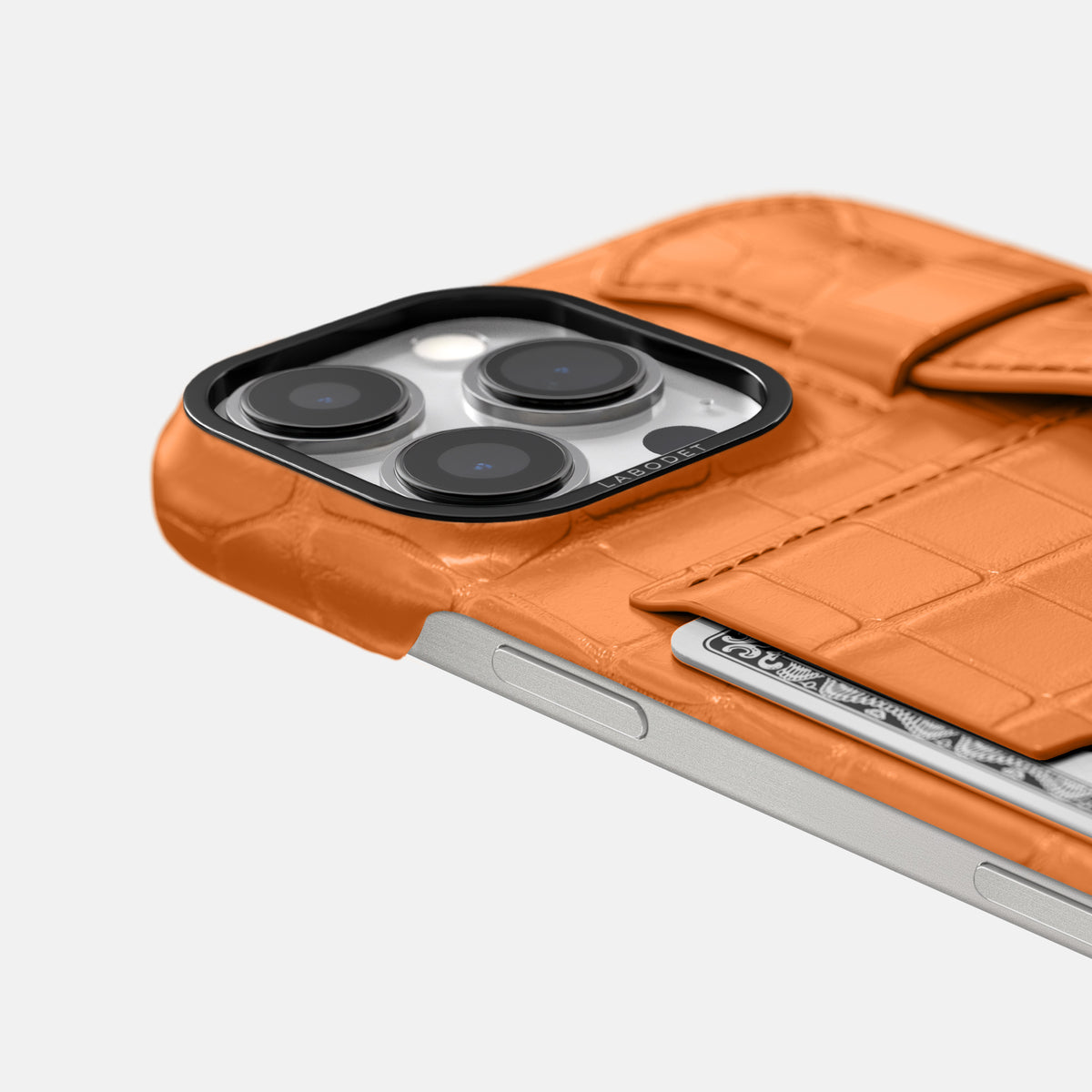 Orange iPhone 16 Pro Max Cardholder Strap Case Alligator with Black Metal -5 | Orange-Black