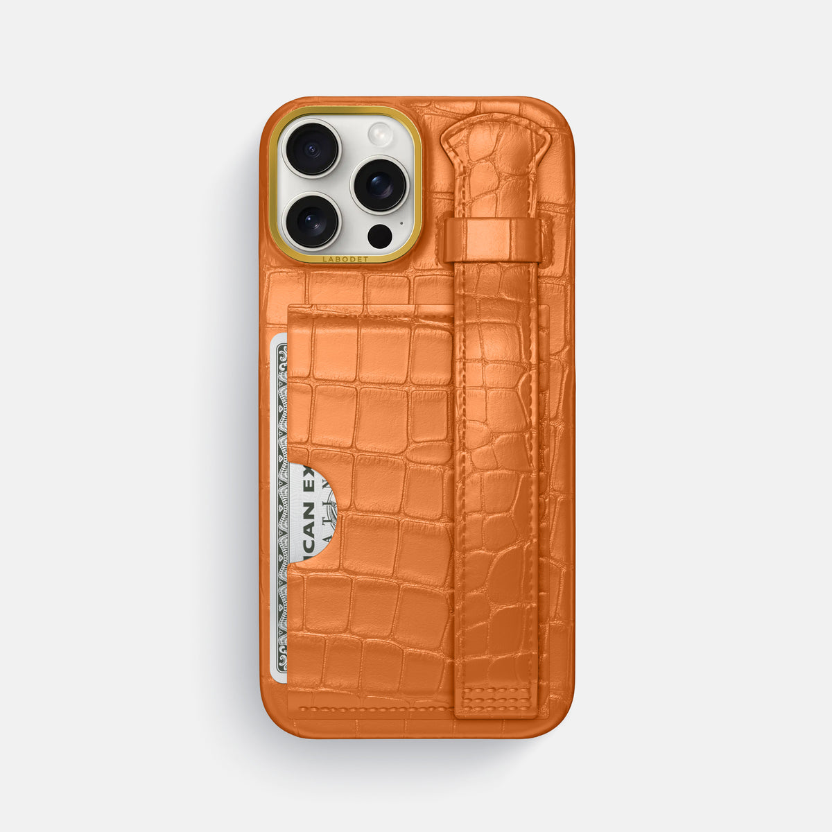 Orange iPhone 16 Pro Max Cardholder Strap Case In Alligator with Gold Metal -1 | Orange-Gold