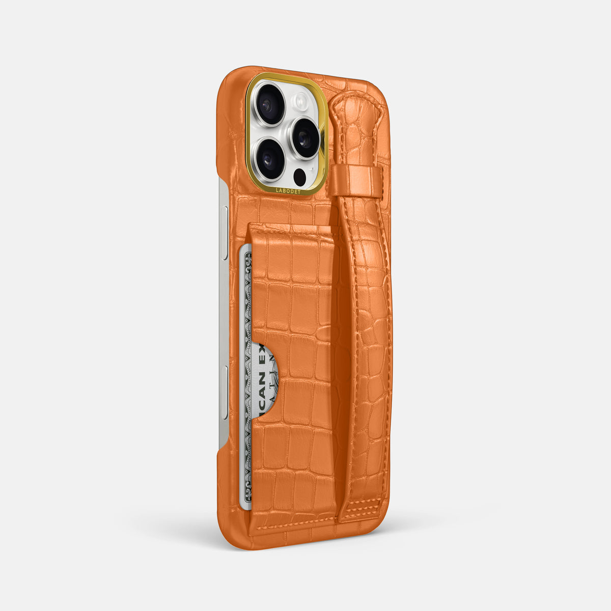 Orange iPhone 16 Pro Max Cardholder Strap Case In Alligator with Gold Metal -2 | Orange-Gold