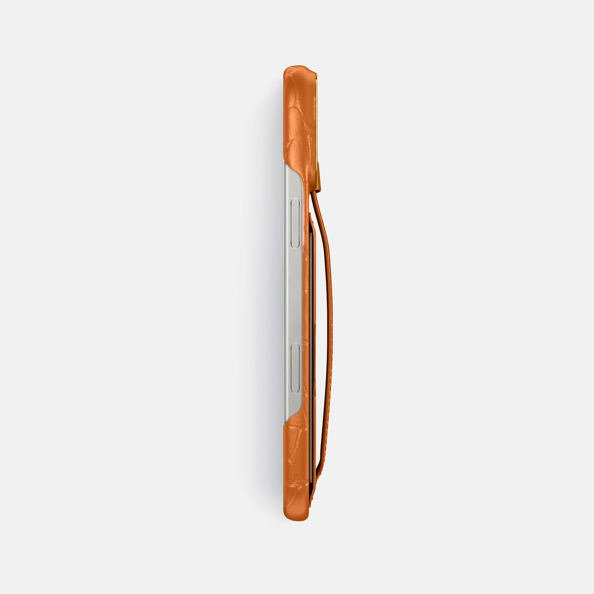 Orange iPhone 16 Pro Max Cardholder Strap Case In Alligator with Gold Metal -3 | Orange-Gold