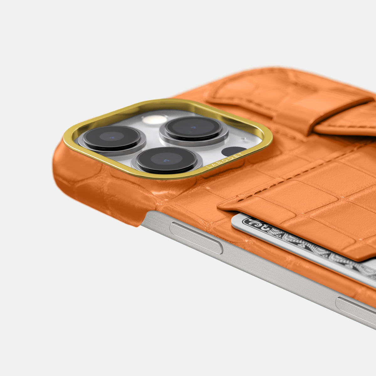 Orange iPhone 16 Pro Max Cardholder Strap Case In Alligator with Gold Metal -5 | Orange-Gold