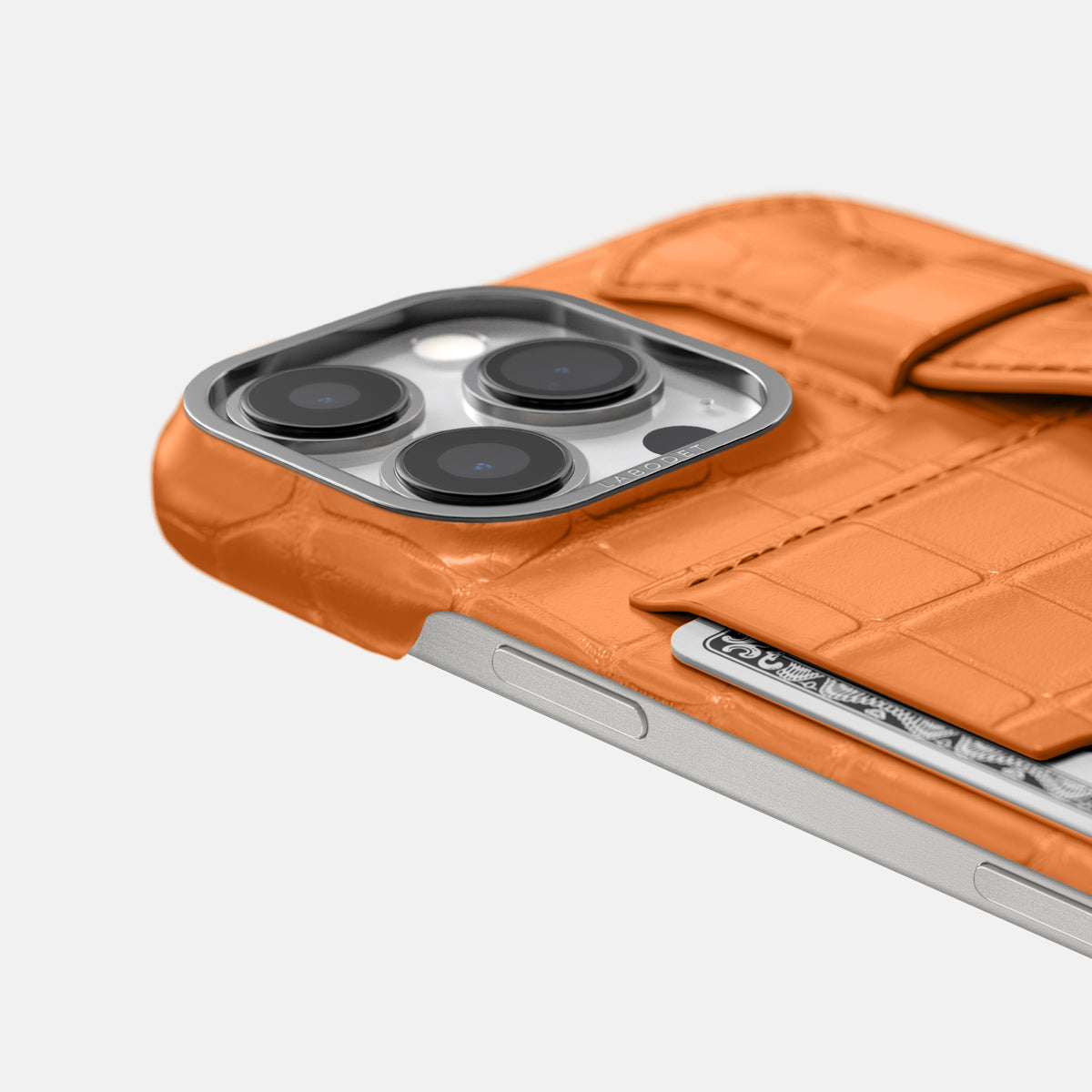 Orange iPhone 16 Pro Max Cardholder Strap Case Alligator with Steel Metal -5 | Orange-Steel