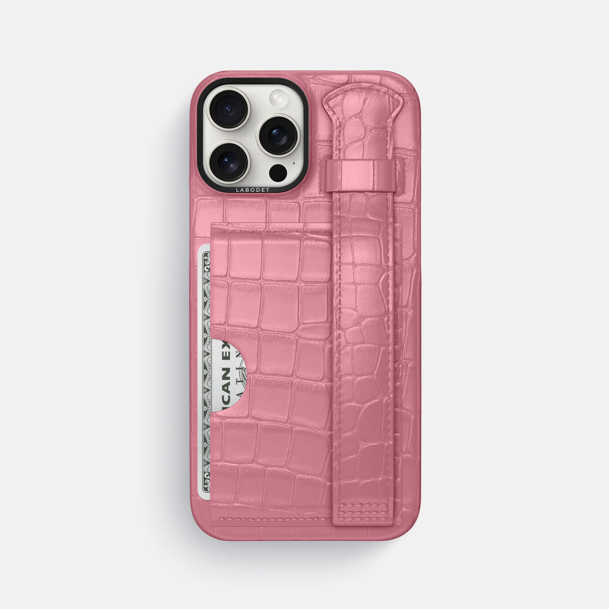 Pink iPhone 16 Pro Max Cardholder Strap Case Alligator with Black Metal -1 | Pink-Black