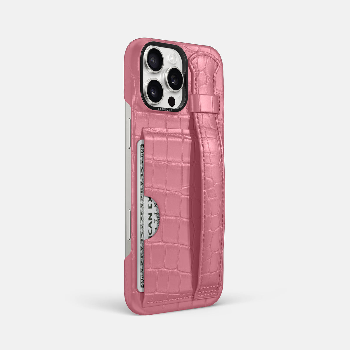 Pink iPhone 16 Pro Max Cardholder Strap Case Alligator with Black Metal -2 | Pink-Black