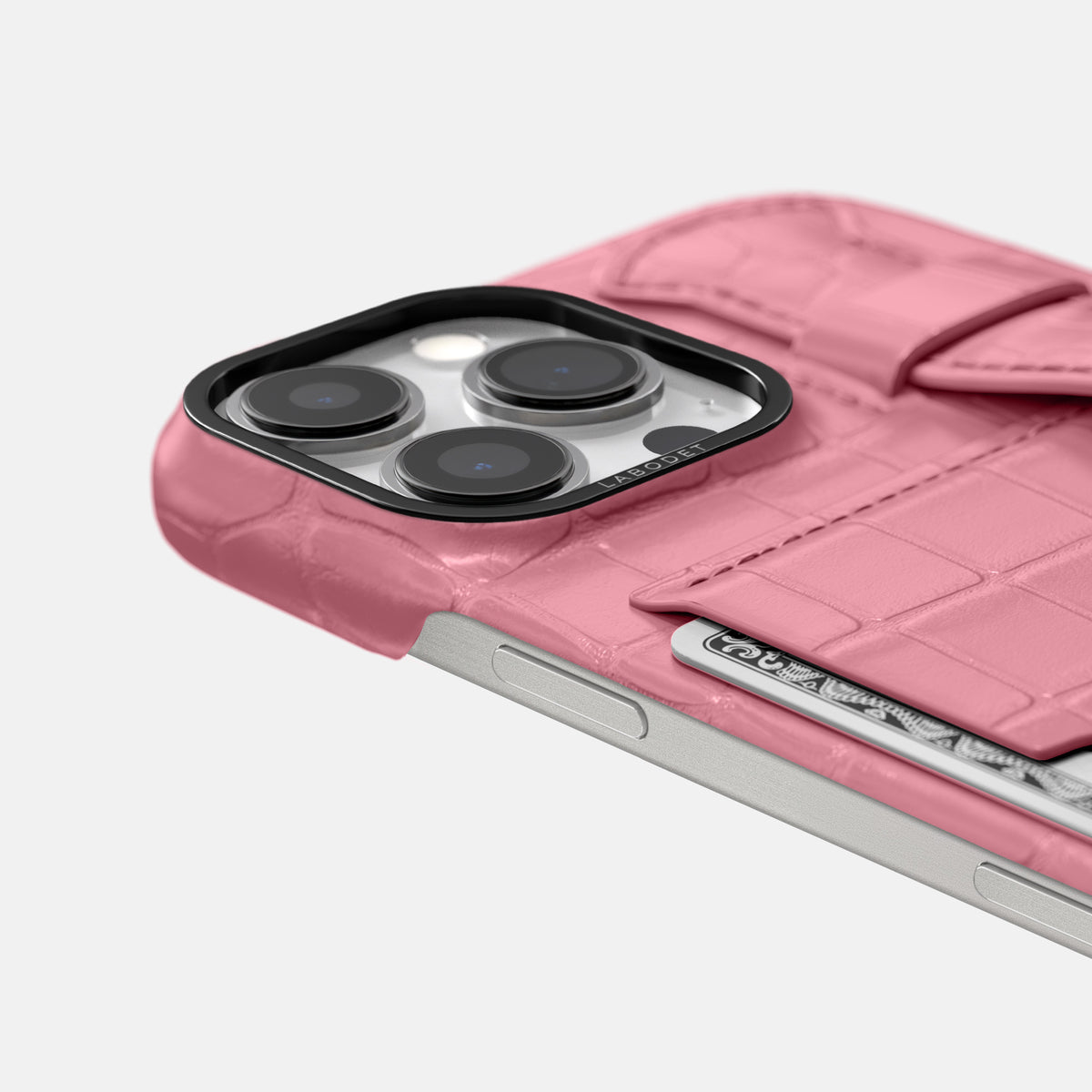Pink iPhone 16 Pro Max Cardholder Strap Case Alligator with Black Metal -5 | Pink-Black