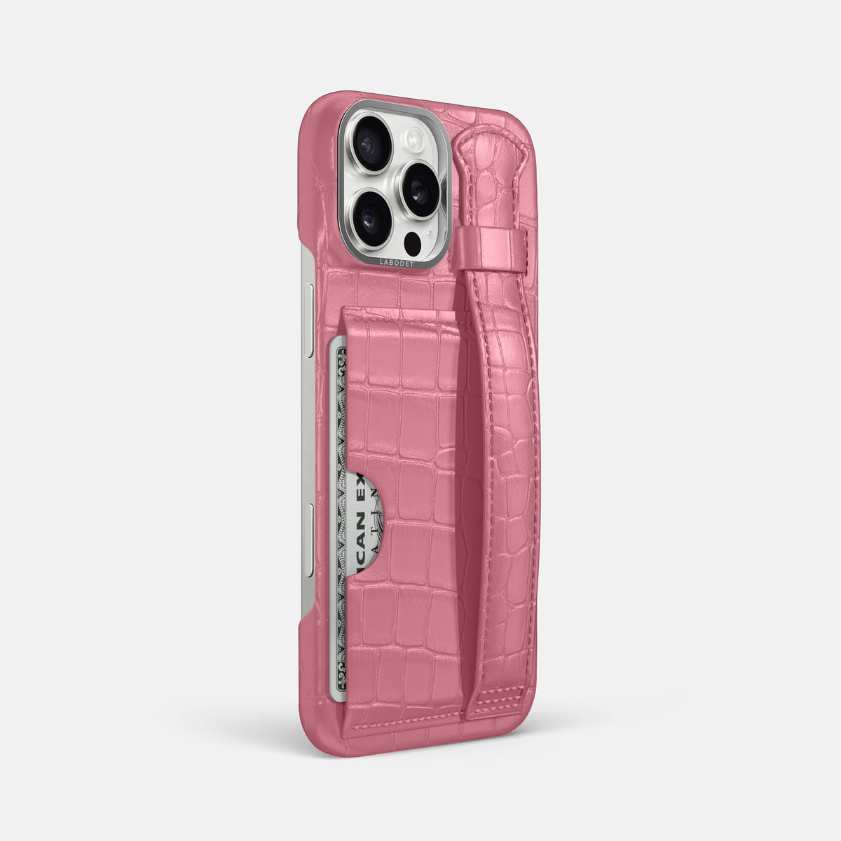 Pink iPhone 16 Pro Max Cardholder Strap Case Alligator with Steel Metal -2 | Pink-Steel